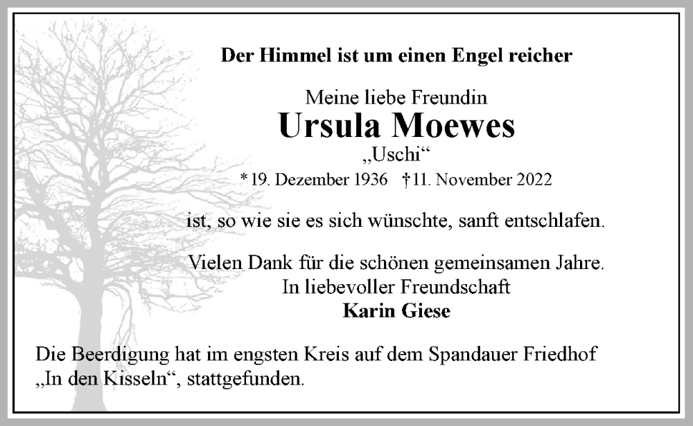  Traueranzeige für Ursula Moewes vom 26.11.2022 aus Berliner Woche / Spandauer Volksblatt