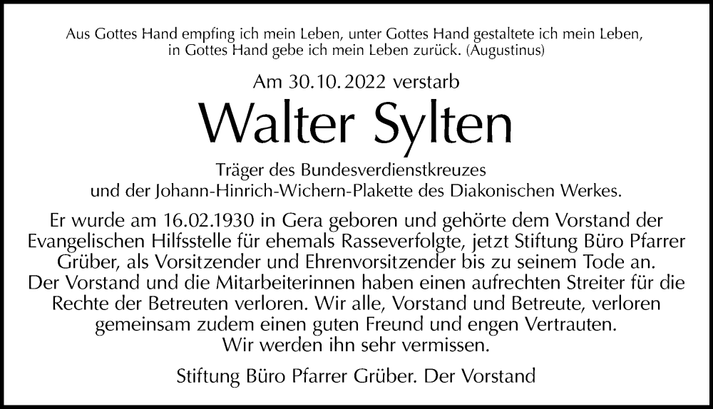  Traueranzeige für Walter Sylten vom 13.11.2022 aus Berliner Morgenpost