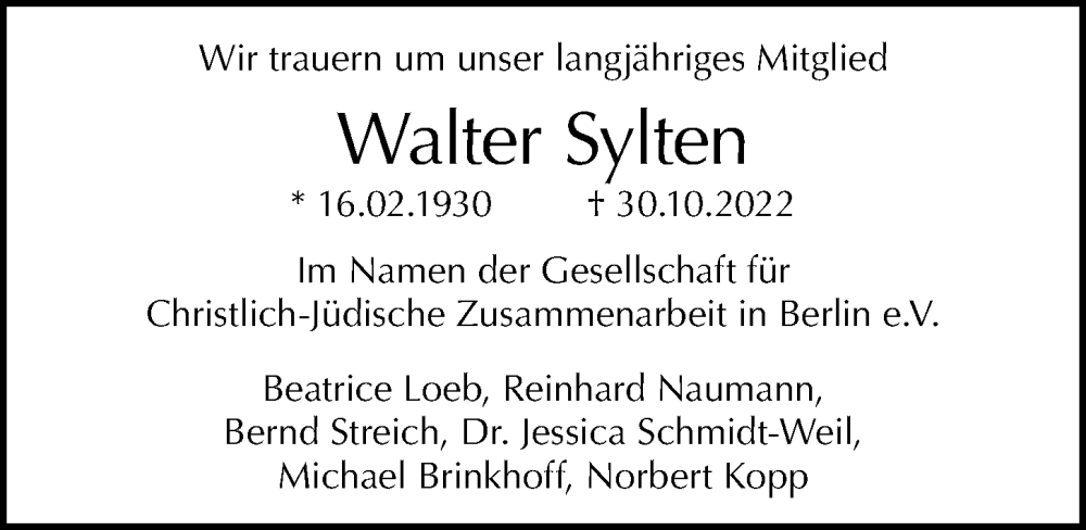  Traueranzeige für Walter Sylten vom 13.11.2022 aus Berliner Morgenpost