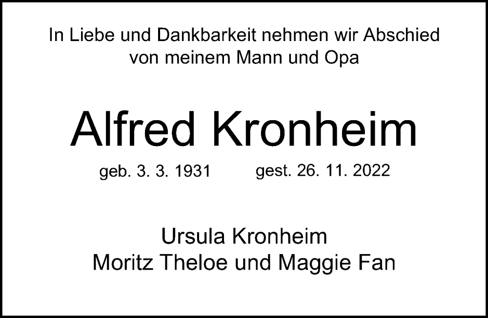  Traueranzeige für Alfred Kronheim vom 11.12.2022 aus Berliner Morgenpost