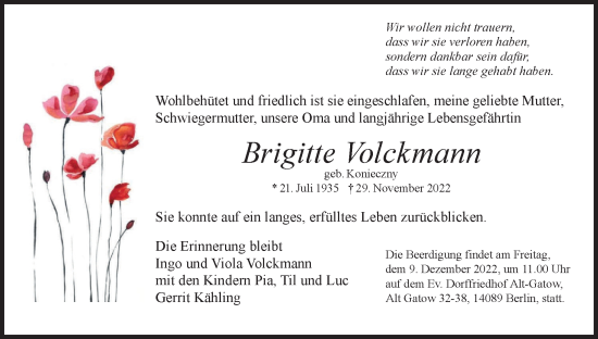 Traueranzeige von Brigitte Volckmann von Berliner Woche / Spandauer Volksblatt