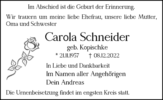 Traueranzeige von Carola Schneider von Berliner Woche / Spandauer Volksblatt
