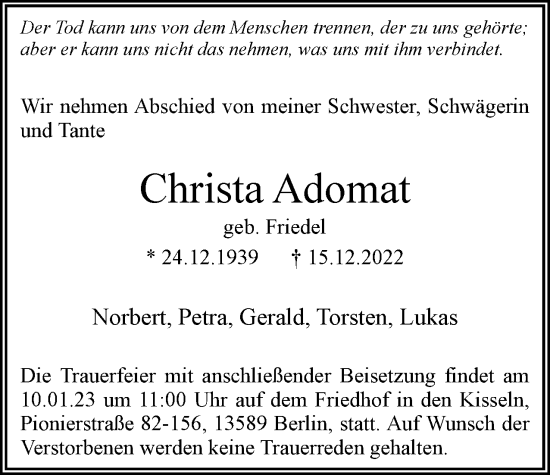 Traueranzeige von Christa Adomat von Berliner Woche / Spandauer Volksblatt