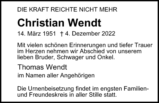 Traueranzeige von Christian Wendt von Berliner Morgenpost