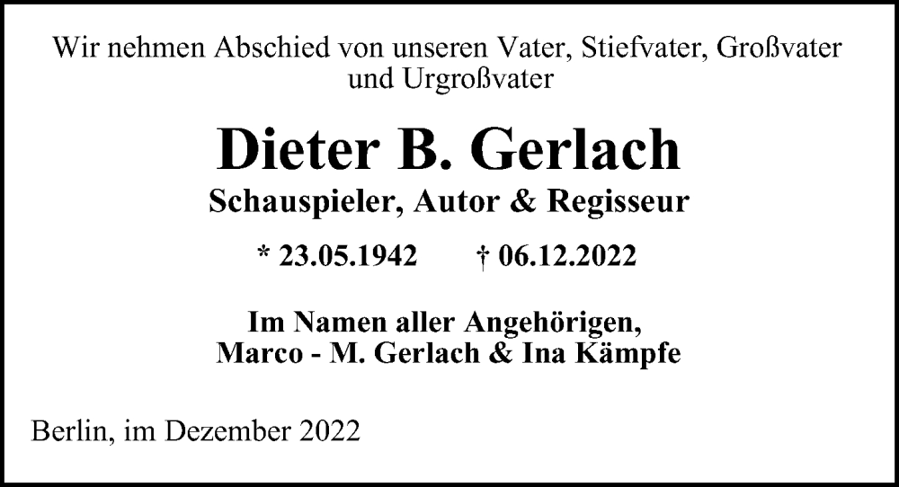  Traueranzeige für Dieter B. Gerlach vom 22.12.2022 aus Berliner Morgenpost