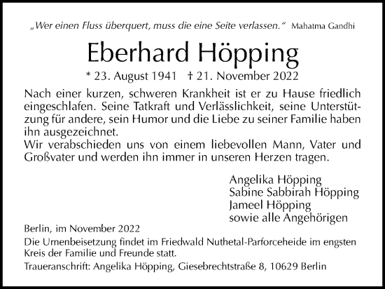 Traueranzeige von Eberhard Höpping von Berliner Morgenpost