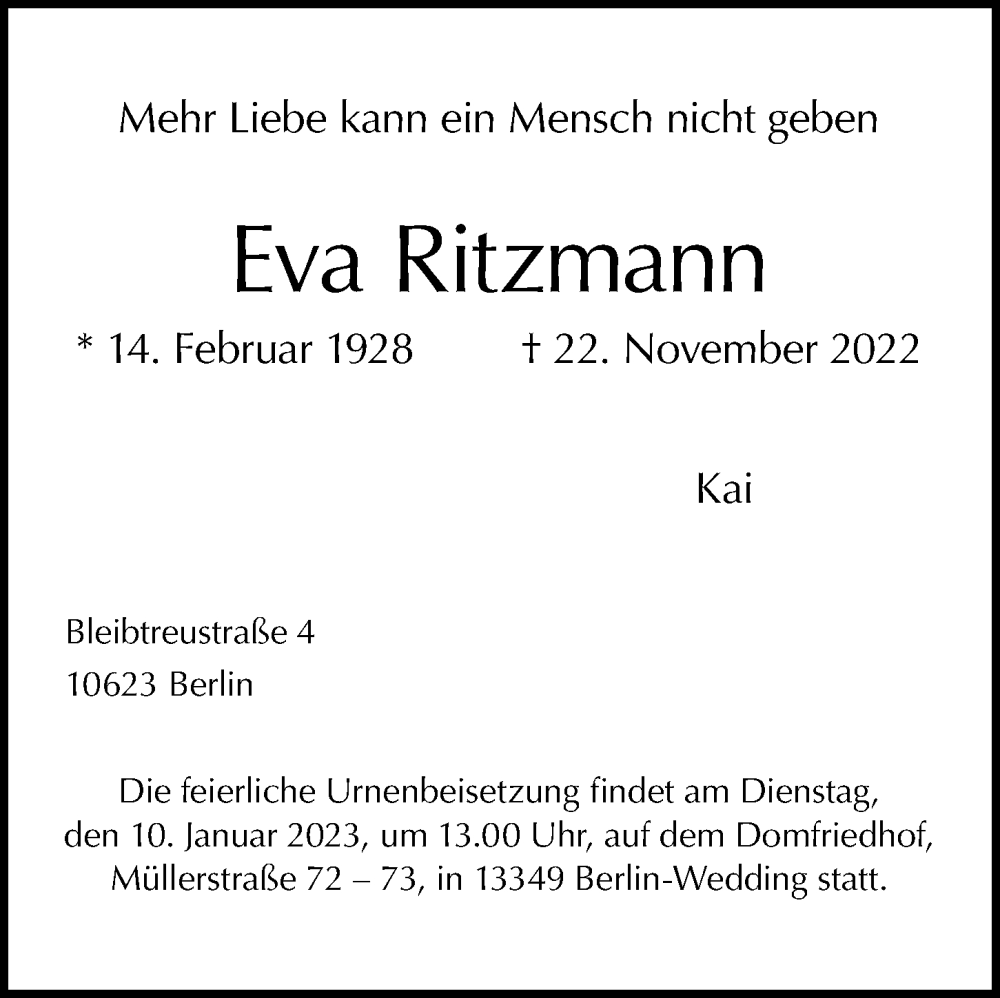  Traueranzeige für Eva Ritzmann vom 04.12.2022 aus Berliner Morgenpost