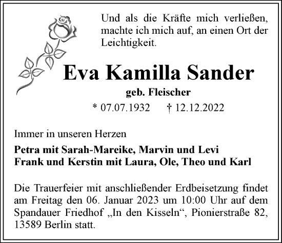 Traueranzeige von Eva Kamilla Sander von Berliner Woche / Spandauer Volksblatt