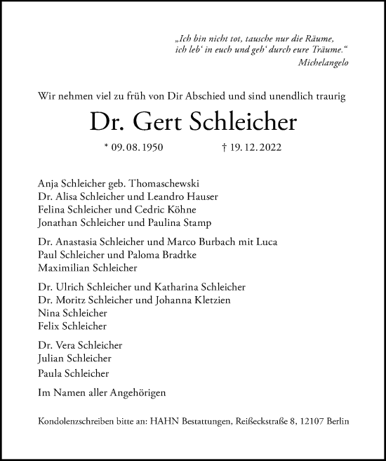 Traueranzeige von Gert Schleicher von Berliner Morgenpost