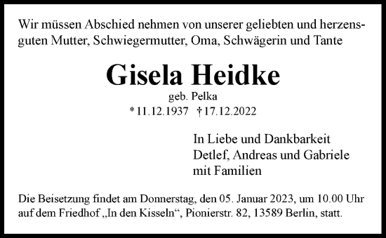 Traueranzeige von Gisela Heidke von Berliner Woche / Spandauer Volksblatt