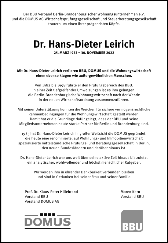 Traueranzeige von Hans-Dieter Leirich von Berliner Morgenpost