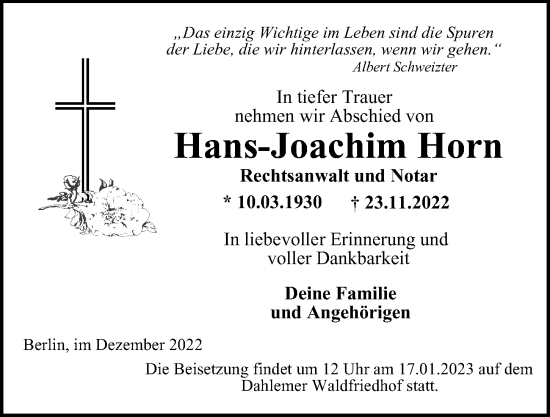 Traueranzeige von Hans-Joachim Horn von Berliner Morgenpost