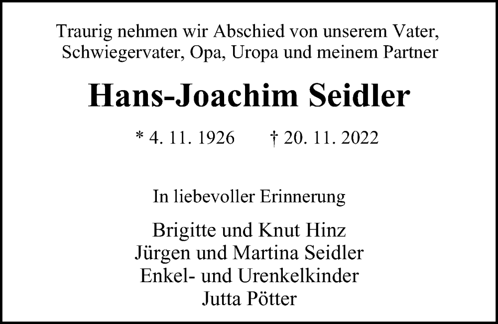  Traueranzeige für Hans-Joachim Seidler vom 04.12.2022 aus Berliner Morgenpost