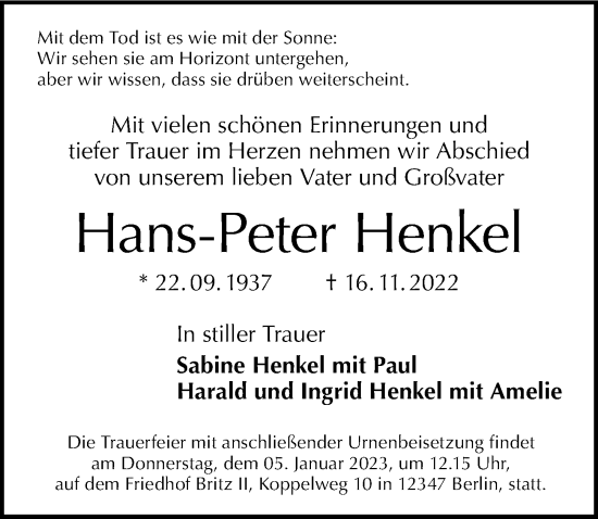 Traueranzeige von Hans-Peter Henkel von Berliner Morgenpost