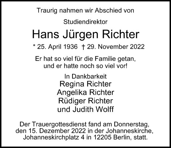 Traueranzeige von Hans Jürgen Richter von Berliner Morgenpost