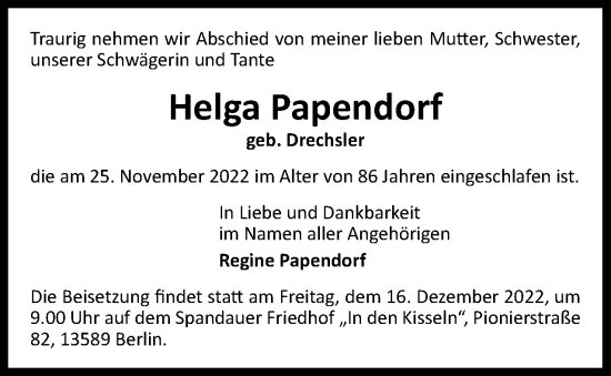 Traueranzeige von Helga Papendorf von Berliner Woche / Spandauer Volksblatt