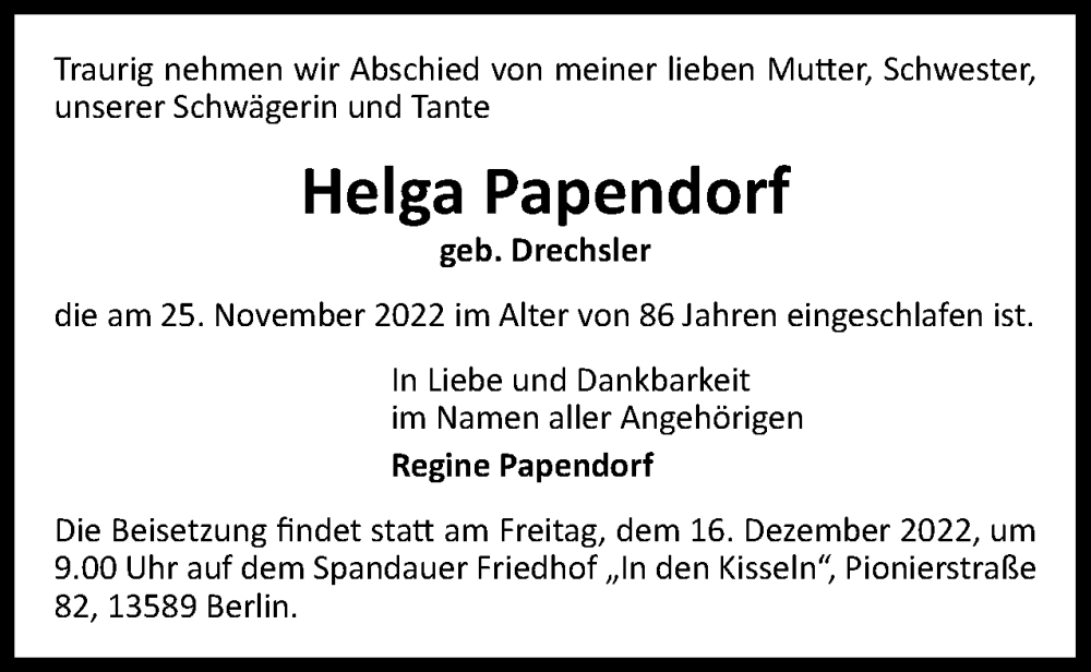  Traueranzeige für Helga Papendorf vom 10.12.2022 aus Berliner Woche / Spandauer Volksblatt