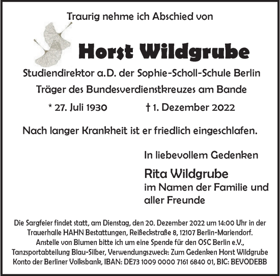 Traueranzeige von Horst Wildgrube von Berliner Morgenpost