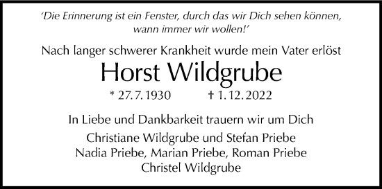 Traueranzeige von Horst Wildgrube von Berliner Morgenpost