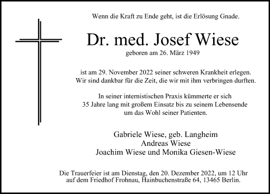 Traueranzeige von Josef Wiese von Berliner Morgenpost