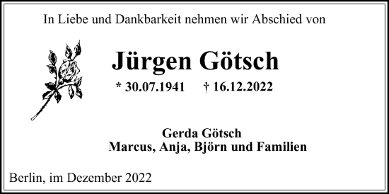 Traueranzeige von Jürgen Götsch von Berliner Morgenpost