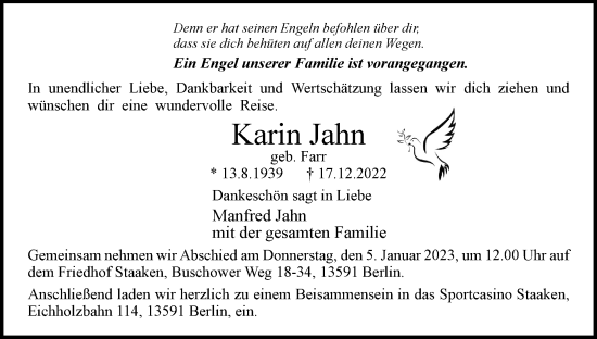Traueranzeige von Karin Jahn von Berliner Woche / Spandauer Volksblatt