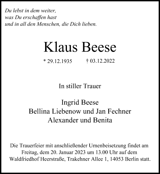 Traueranzeige von Klaus Beese von Berliner Morgenpost