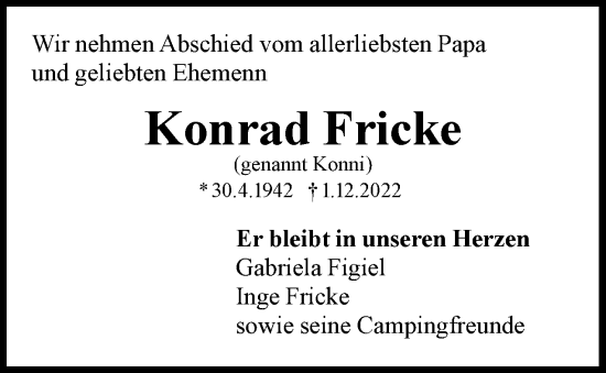 Traueranzeige von Konrad Fricke von Berliner Woche / Spandauer Volksblatt