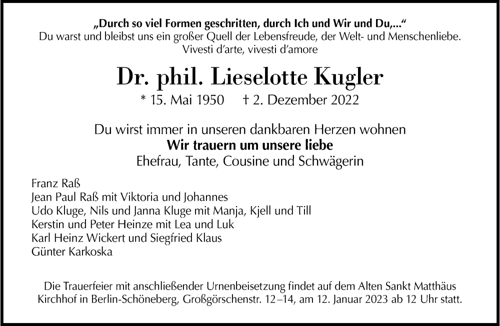  Traueranzeige für Lieselotte Kugler vom 18.12.2022 aus Berliner Morgenpost