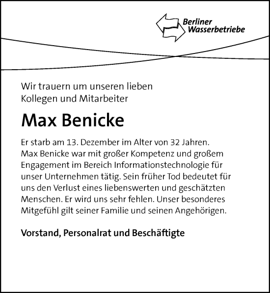 Traueranzeige von Max Benicke von Berliner Morgenpost