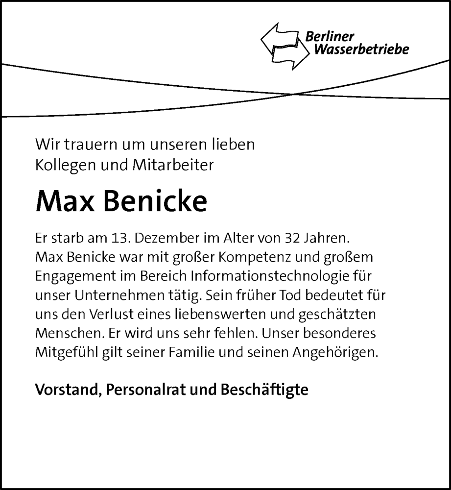  Traueranzeige für Max Benicke vom 24.12.2022 aus Berliner Morgenpost