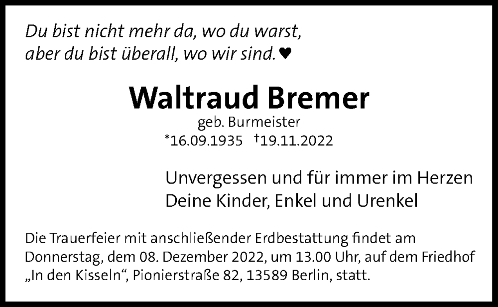  Traueranzeige für Waltraud Bremer vom 03.12.2022 aus Berliner Woche / Spandauer Volksblatt