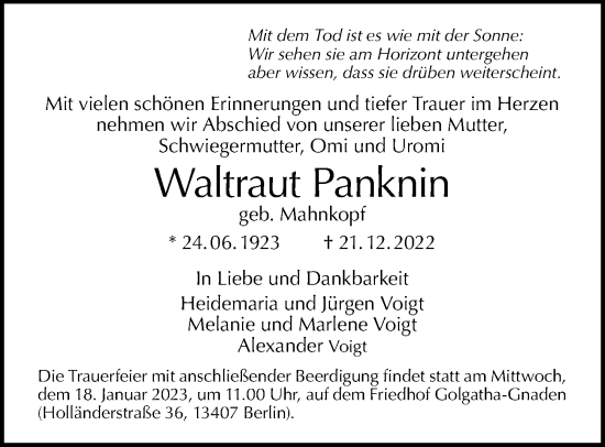 Traueranzeige von Waltraut Panknin von Berliner Morgenpost