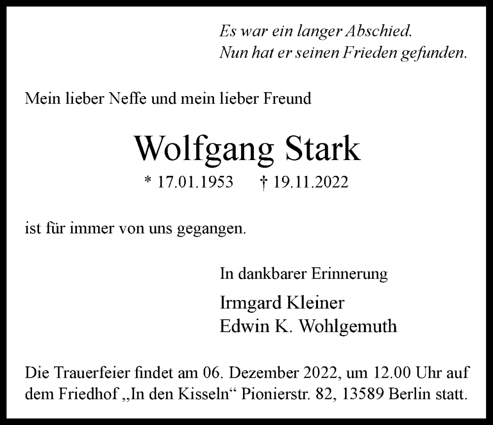  Traueranzeige für Wolfgang Stark vom 03.12.2022 aus Berliner Woche / Spandauer Volksblatt