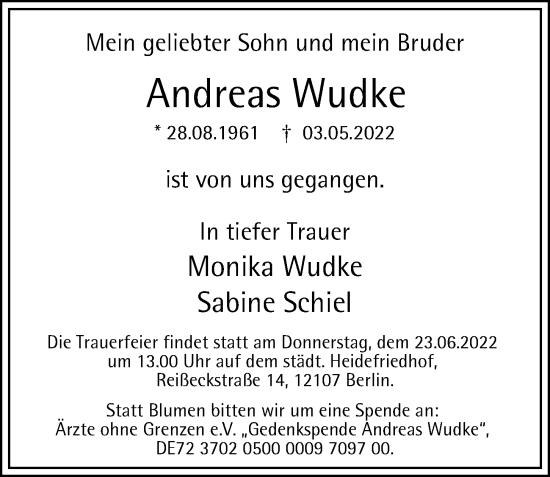 Traueranzeige von Andreas Wudke von Berliner Morgenpost