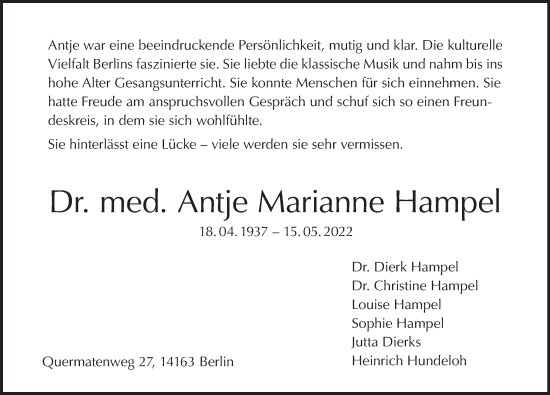 Traueranzeige von Antje Marianne Hampel von Berliner Morgenpost