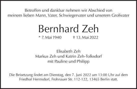 Traueranzeige von Bernhard Zeh von Berliner Morgenpost