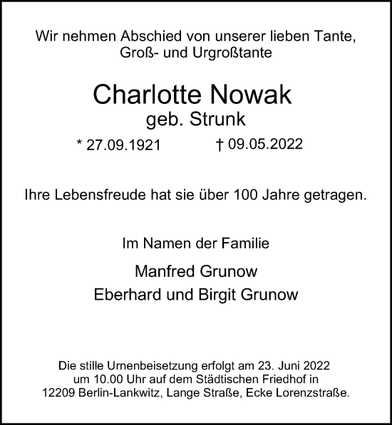 Traueranzeige von Charlotte Nowak von Berliner Morgenpost