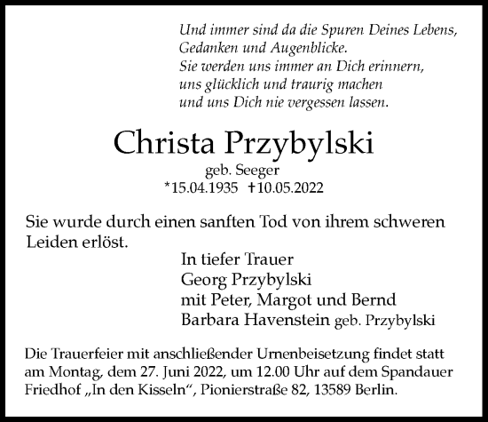 Traueranzeige von Christa Przybylski von Berliner Woche / Spandauer Volksblatt