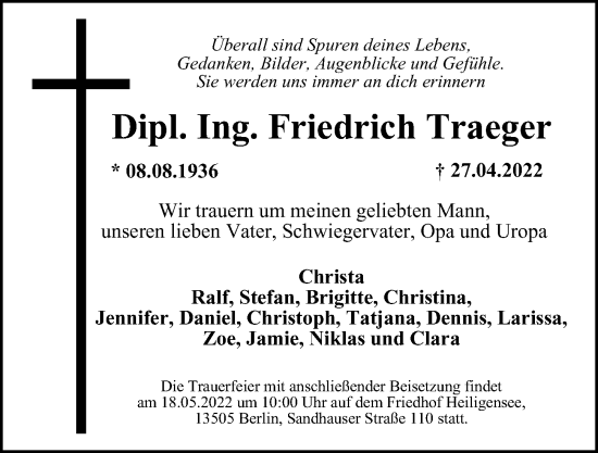 Traueranzeige von Friedrich Traeger von Berliner Morgenpost