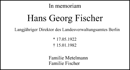 Traueranzeige von Hans Georg Fischer von Berliner Morgenpost