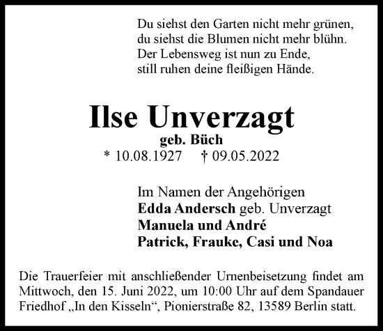 Traueranzeige von Ilse Unverzagt von Berliner Woche / Spandauer Volksblatt