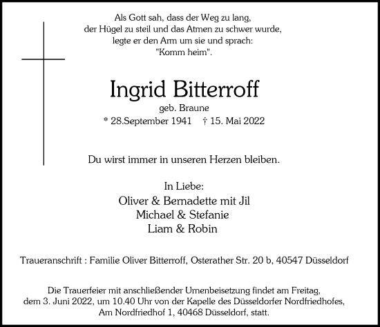 Traueranzeige von Ingrid Bitterroff von Berliner Morgenpost