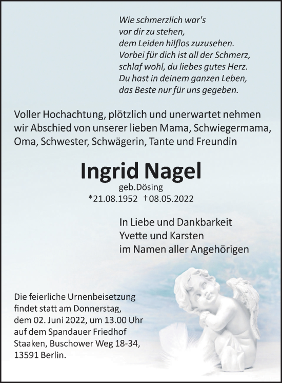 Traueranzeige von Ingrid Nagel von Berliner Woche / Spandauer Volksblatt