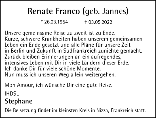 Traueranzeige von Renate Franco von Berliner Morgenpost