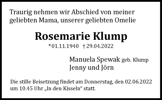 Traueranzeige von Rosemarie Klump von Berliner Woche / Spandauer Volksblatt