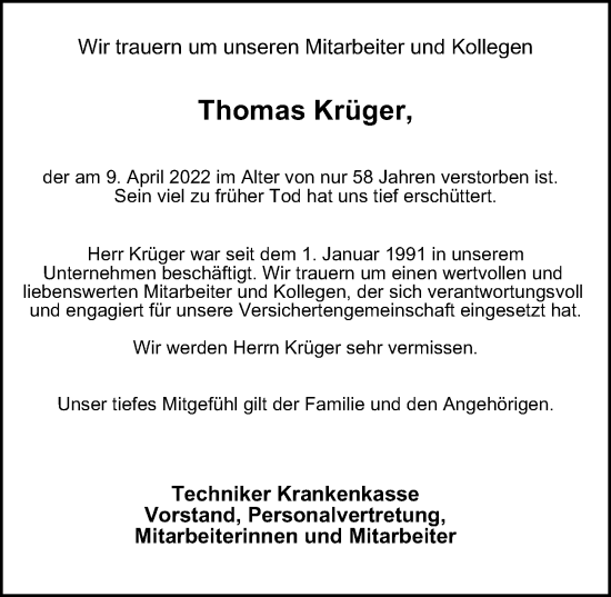 Traueranzeige von Thomas Krüger von Berliner Morgenpost