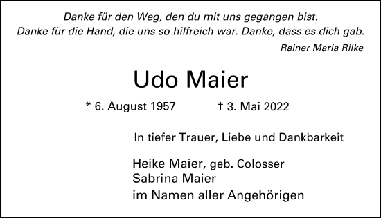 Traueranzeige von Udo Maier von Berliner Morgenpost