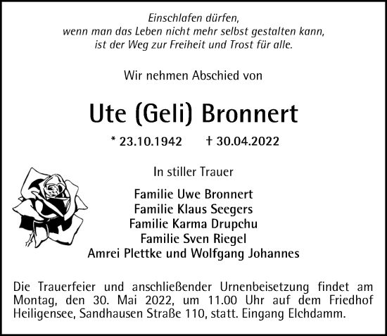 Traueranzeige von Ute  Bronnert von Berliner Morgenpost