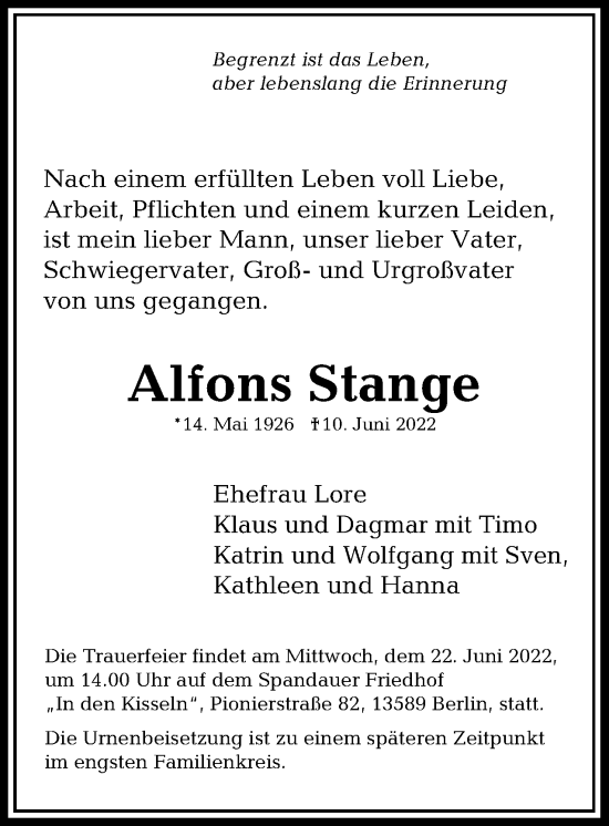 Traueranzeige von Alfons Stange von Berliner Woche / Spandauer Volksblatt
